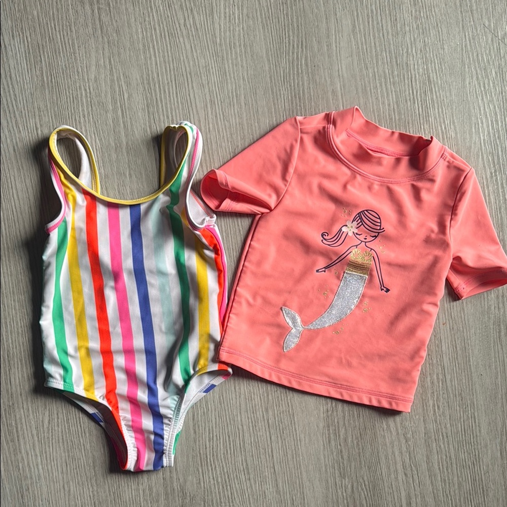 Gap/carters Colorful Striped Swimsuit and Pink Mermaid Rash Guard top